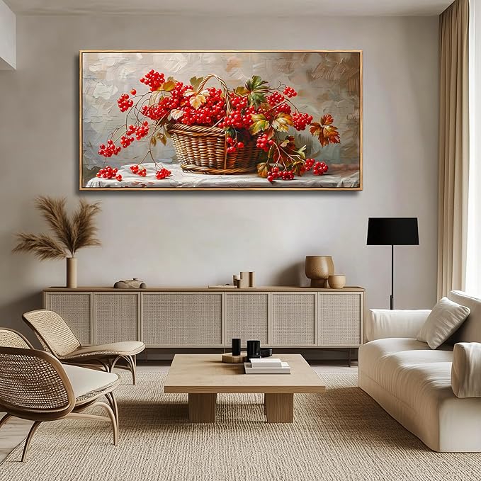 PHAOHUAXM Canvas Wall Art For Living Room Restaurant Wall Decoration For Office Bedroom Bathroom Abstract Red Fruit Mural Wooden Frame Printing Picture Artworks Modern Home Decor Aesthetics 24"X48"