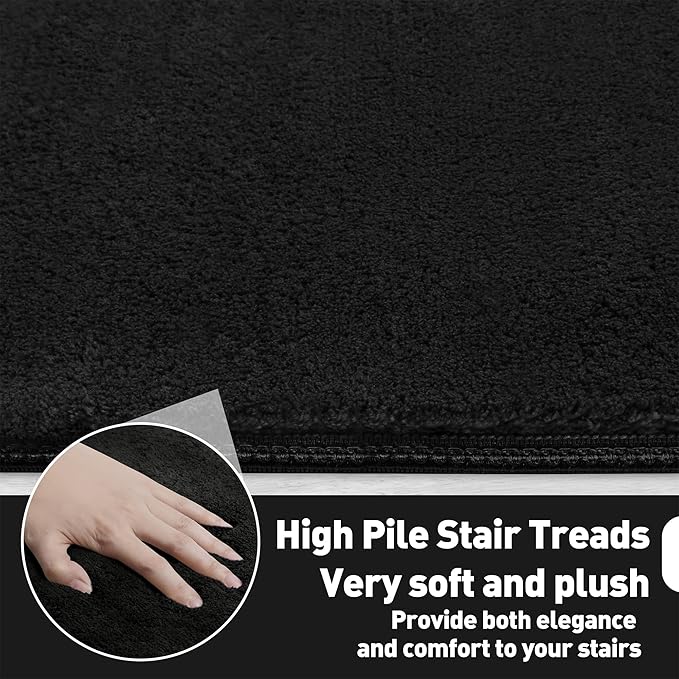 PURE ERA Carpet Stair Treads Ultra Plush 8" X 30" Soft Indoor Stair Protectors Pet-Friendly Non-Slip Skid Resistant Tape Free Washable Reusable(2 Pieces, Black)