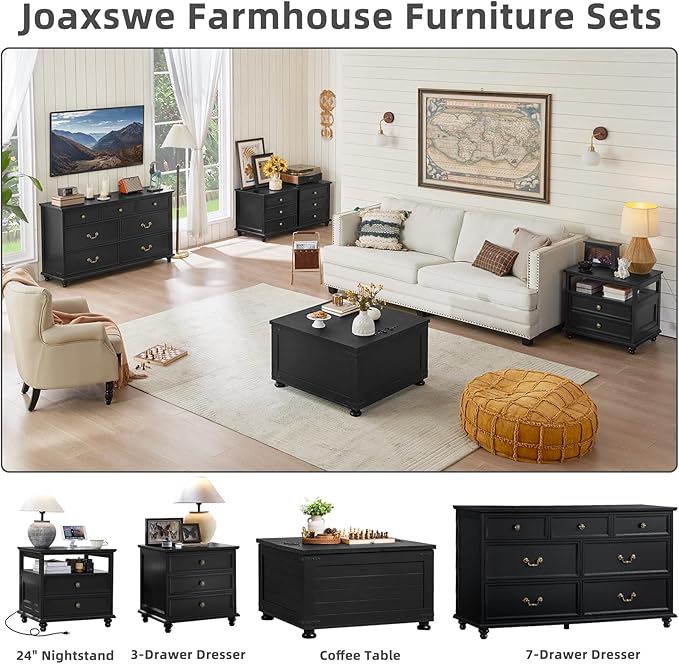 Farmhouse 54" 7 Drawers Dresser for Bedroom, Wide Chest of Drawers w/ 4 Wooden Legs, Vintage Large Closet Storage Dressers Organizer for Hallway, Wood Rustic TV Stand for Living Room, Black