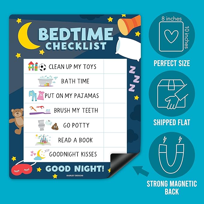 Magnetic Morning & Bedtime Routine Chart for Kids - Customizable Toddler Daily Schedule Board with Dry Erase Surface, Stickers & Marker, Build Habits with Visual Checklists, Colorful Doodle Theme