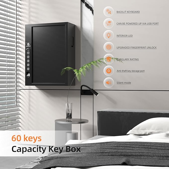 XDeer 60-Key Biometric Lock Box, Wall Mount with Anti-Theft Key Slot and Combo Lock for Hotels & Offices