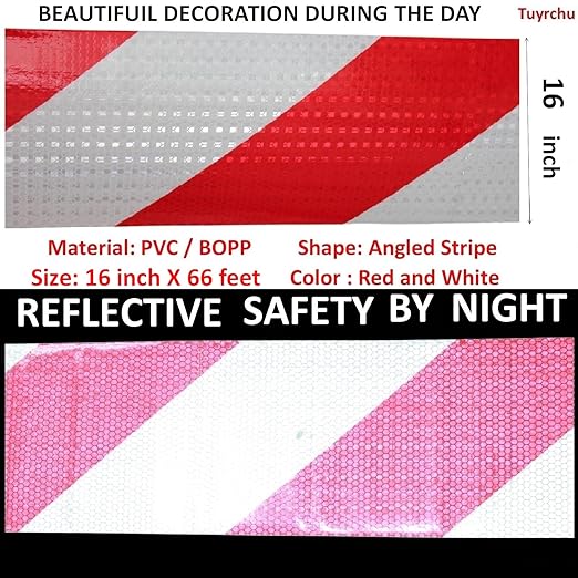 Red White Reflective Tape Outdoor Waterproof 16 inch, High Visibility Hazard Conspicuity Safety Marking Tape (66 feet)
