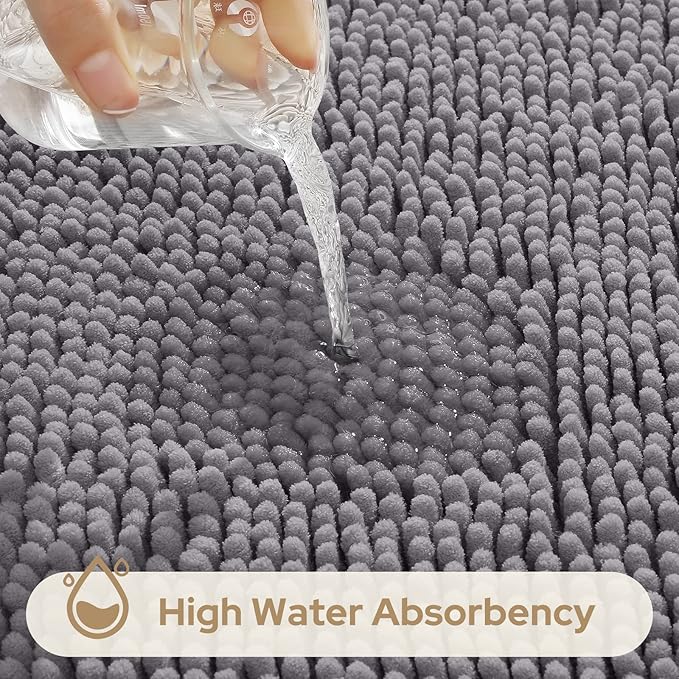 HOMEIDEAS 3 Pieces Bathroom Rugs, Extra Large Ultra Soft Non Slip Absorbent Chenille Toilet Bath Mat Set (Grey)