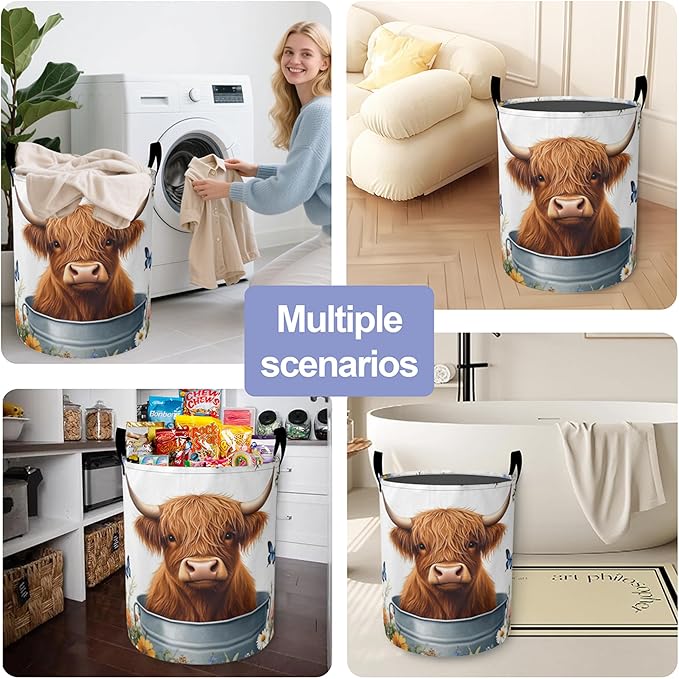 Cute Highland Cattle Laundry Basket, Butterfly Oxford Cloth Laundry Hamper With Handle Foldable Portable Clothes Storage Basket Storage Bag For Laundry Room/Bathroom/Bedroom/Dormitories