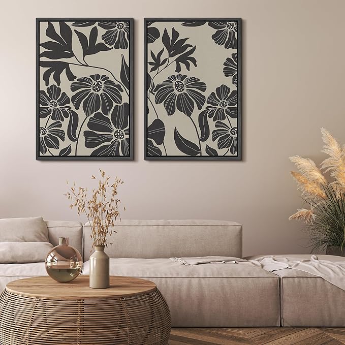 MUDECOR Framed Canvas Print Wall Art Monochrome Floral Botanical Black and White Illustrations Modern Art Decorative Bohemian Colorful Chic for Living Room, Bedroom, Office - 24"x36"x2 Black