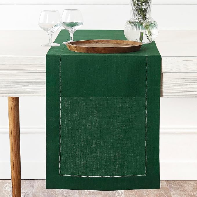 D'Moksha Homes Linen Forest Green Table Runner 72 Inches Long - 100% Pure Linen Hemstitch Table Runner 14 x 72 Inch for Dresser, Dining, St Patricks Day, Easter - Classic Hemstitch