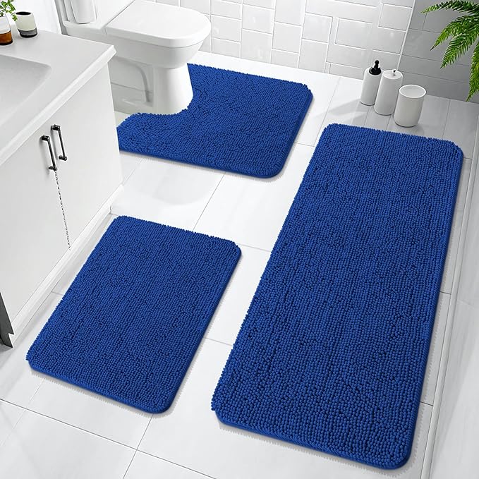 OLANLY Bathroom Rugs Sets 3 Piece, Soft Absorbent Chenille Bath Mats and U-Shaped Contour Toilet Rug, Quick Dry, Home Decor Accessories, Bath Mat Set for Bathroom (47"x20"+24"x16"+24"x20", Royal Blue)