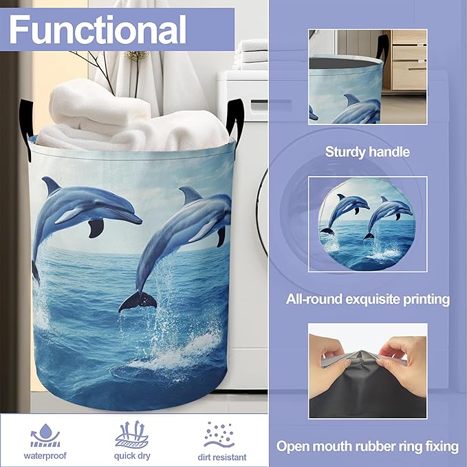 Laundry Basket,Dolphin Jump Large Canvas Fabric Lightweight Storage Hamper Organizer Dirty Clothes Collapsible Waterproof for College Dorms,Bathroom