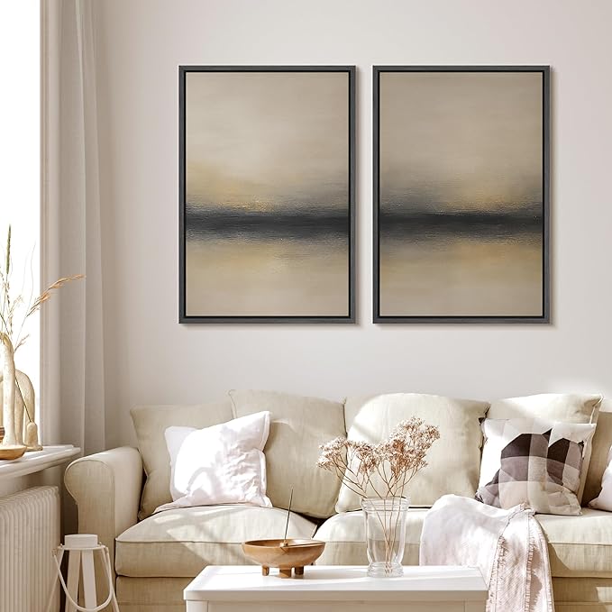 MUDECOR Framed Canvas Print Wall Art Abstract Sunset Horizon Modern Minimalist Beige and Black Illustrations Modern Art Decorative Bohemian Colorful for Living Room, Bedroom, Office - 16"x24"x2 Black