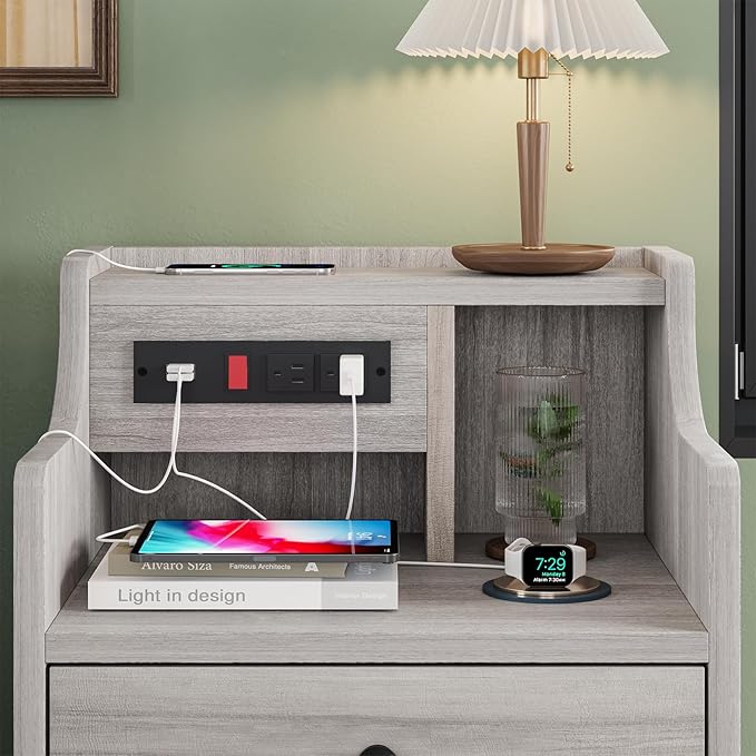 ADORNEVE Nightstand Set 2,Gray Nightstand with Charging Station & Hutch,Night Stands for Bedrooms Set of 2,Bedside Table with Drawers