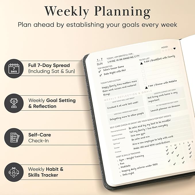 2026 Planner, Daily Journal & Gratitude Journal All-In-One with To Do List, Self Care Prompts & Habit Tracker - 7 x 10 - Black