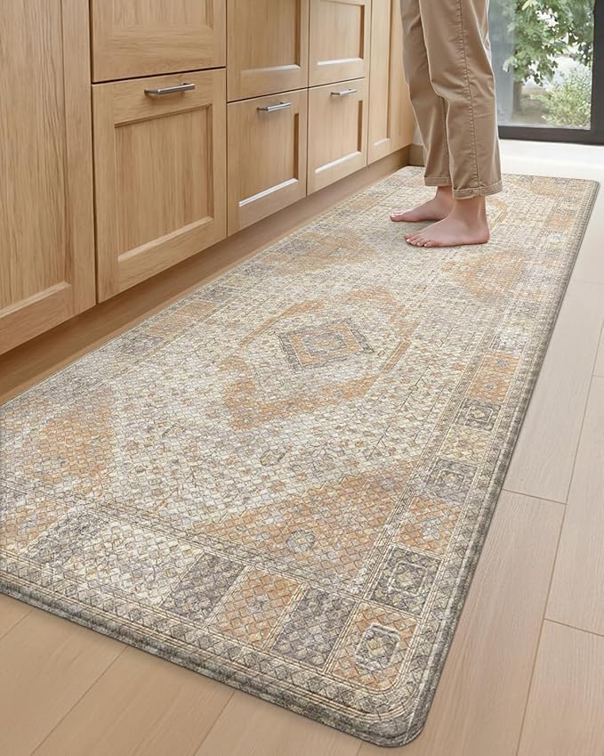 DEXI Kitchen Floor Mats Anti Fatigue, 23x59 Large Cushioned Vintage Runner Rug Waterproof, Standing Comfort Memory Foam Padded for Front Sink Laundry Office, Beige and Light Orange
