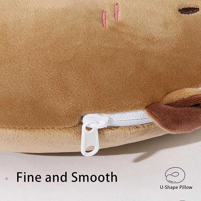U Shape Travel Pillow - Capybara Plush 2 in 1 | Neck Support Cushion for Children Adults | Airplane Sleeping Pillow for Car Camping Office Road Trip Home | Soft Travel Comfort Accessory