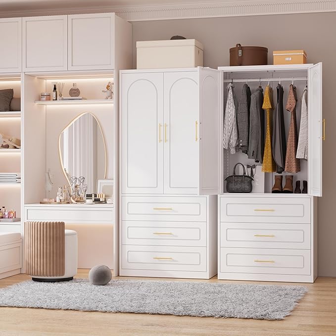 Armoire Wardrobe Closet with Three Drawers, 71" Tall Large Wardrobe Cabinet with Hanging Rod, Clothing Metal Storage Cabinet with Doors and Shelves for Bedroom, White, Assemble Required