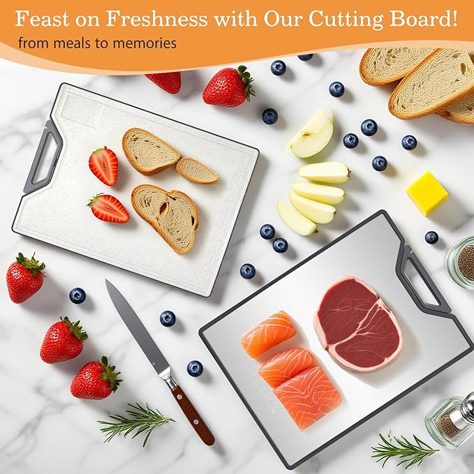 Stainless Steel Cutting Board, Double-Sided Cutting Board with Knife Sharpener, Stainless & Wheat Straw PP, Food-Grade Metal Chopping Board for kitchen, Large Size 16"x11"