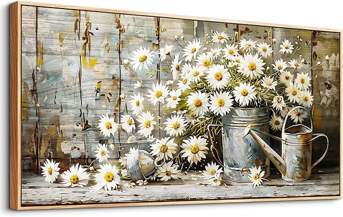 PHAOHUAXM Large Canvas Wall Art For Living Room Wall Decoration Printing Artwork Retro White Flower Dining Room Bedroom Bathroom Kitchen Wall Painting Home Decoration Wood Frame Aesthetics 24x48 In