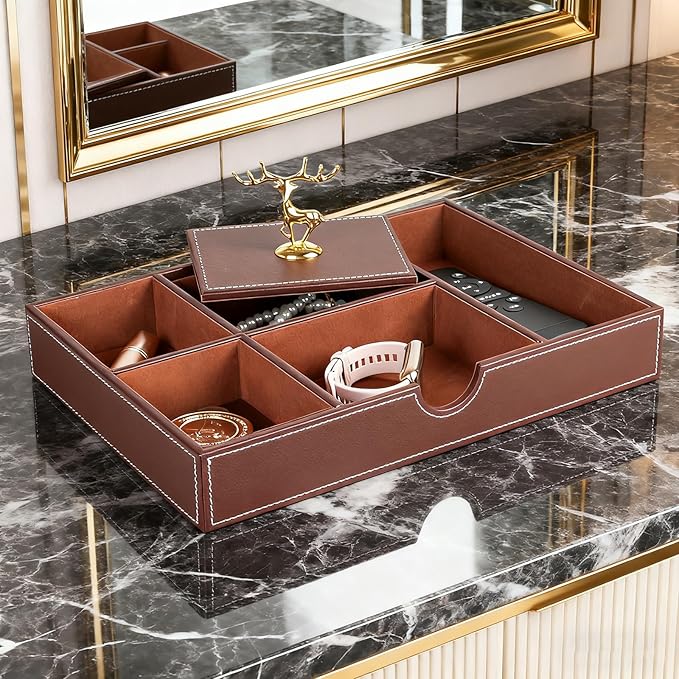 Jewelry Trays Nightstand Organizer, Valet Tray for Men and Women, Tray Organizer,Can hold Mobile phones, watches, cosmetics, keys. Dark Brown Faux Leather, 5 Compartment