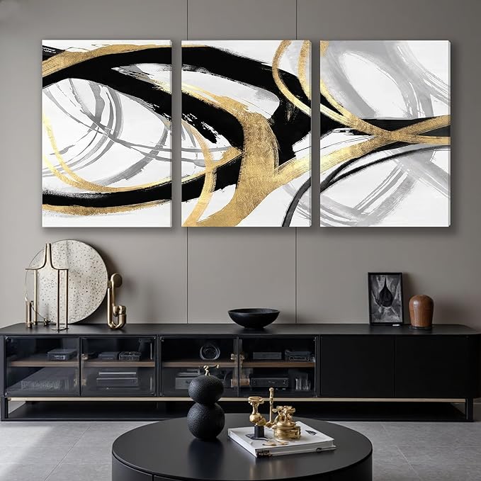 DUWQU 3 Piece Large Black and Gold Abstract Canvas Wall Art, Modern Black Gold and White Wall Decor, Spiral Brushstrokes Line Art Prints for Living Room Bedroom Office Home Decorations 24×36x3 In