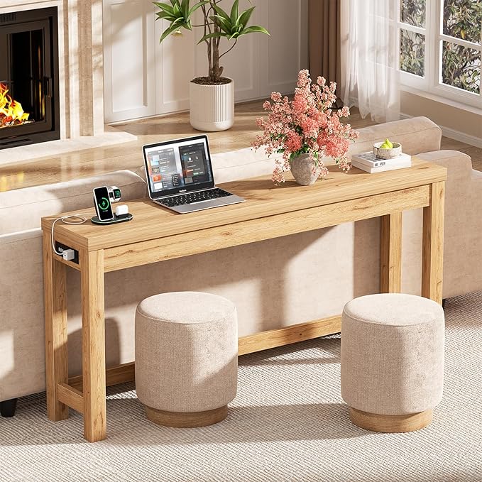 Cyclysio 63" Console Tables for Entryway, Long Console Tables for Living Room, Behind Couch Table, Sturdy Wood Support Farmhouse Entryway Table with 3AC+2USB Charging‌ Station, Natural Oak