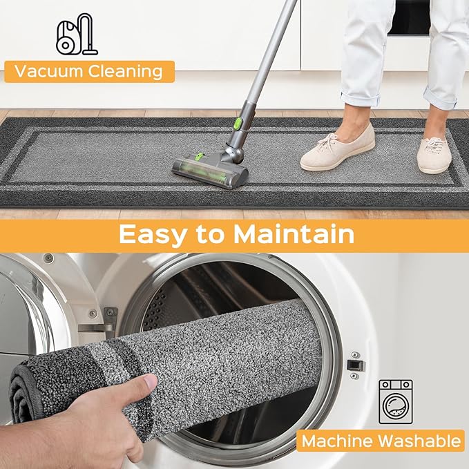 Kitchen Rugs Set (24" x 36"+24" x 60"), Non-Slip Machine Washable Kitchen Runner Rugs Floor Mats, Absorbent Comfort Standing Mat for Kitchen, Sink and Hallway, Rolled Packaging, Light Grey & Dark Grey