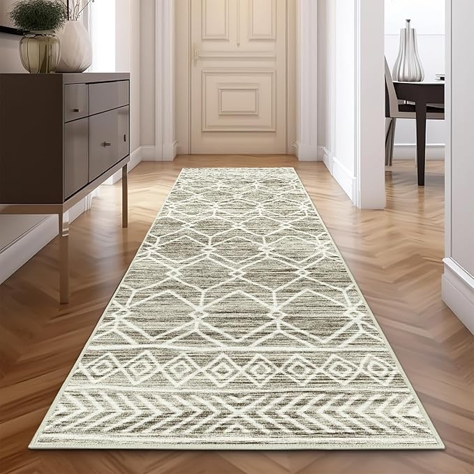 jinchan Moroccan Runner Rug 3x7 - Kitchen Machine Washable Runner Rug Modern Geometric Low-Pile Lightweight Non-Slip Carpet for Entryway Hallway Laundry Room Bedroom Bedside (3x7ft, Taupe)