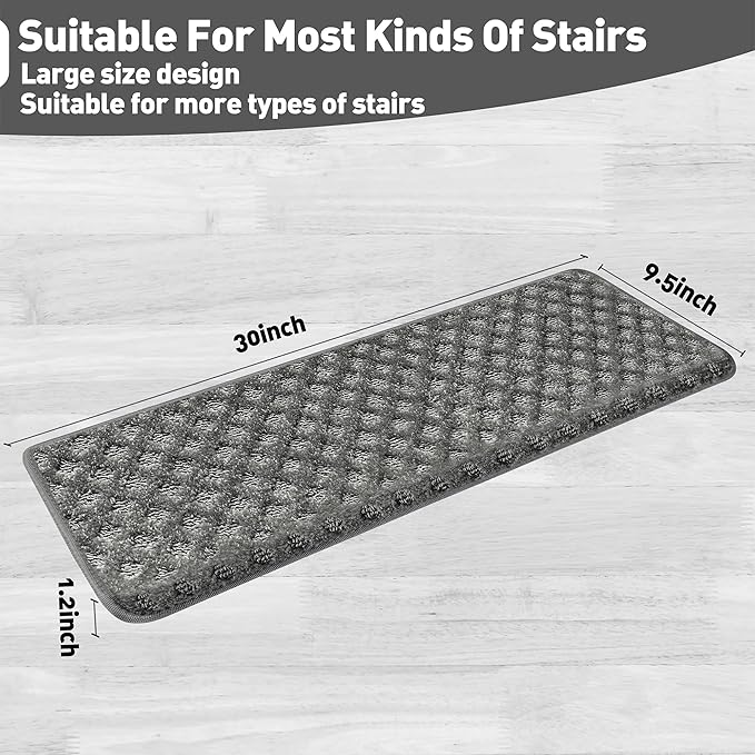PURE ERA Bullnose Carpet Stair Treads Set Tape Free Non-Slip Indoor Stair Protectors Pet Friendly Rugs9.5" x 30"(7 Pieces,Grey Mini-Diamond Trellis)