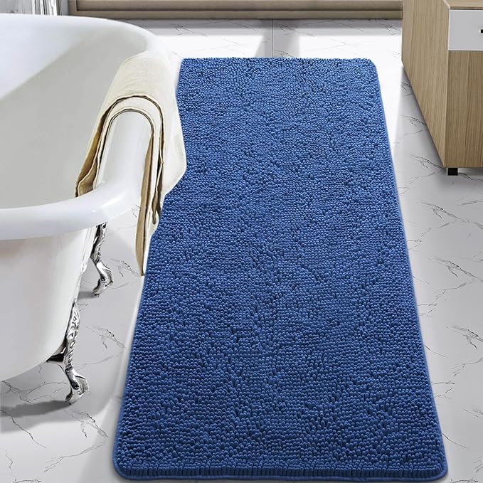 LOCHAS Luxury Bathroom Rug Shaggy Bath Mat 24 x 70 Inch, Washable Non Slip Bath Rugs for Bathroom Shower, Soft Plush Chenille Absorbent Carpets Mats, Blue
