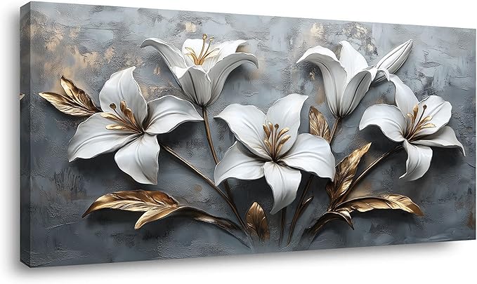 White Flowers Wall Art for Living Room Canvas Painting Prints Beautiful Floral Gold Leaves Gray Modern Artwork Office Bedroom Girls Decor Extra Large