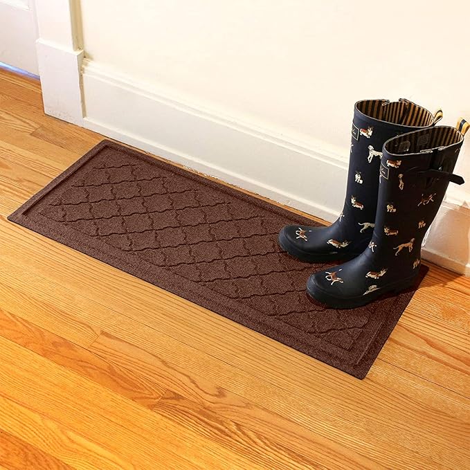 WaterHog Indoor Outdoor Boot Tray Mat – Skid-Resistant Entry Rug for Front Door, Mudroom, Porch, Patio, Garage, All Weather Floor Protector, Made in USA, Cordova Pattern, Dark Brown, 15 x 36 Inches