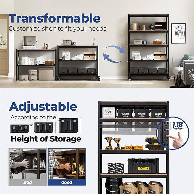 HOMEDANT House 48.1" 5-Tier Metal Rolling Cart Shelf Rack Casters Heavy Duty Laminated Wheel Shelving Unit Adjustable Utility Storage Shelves Shelf Kitchen Garage Black 1Pack