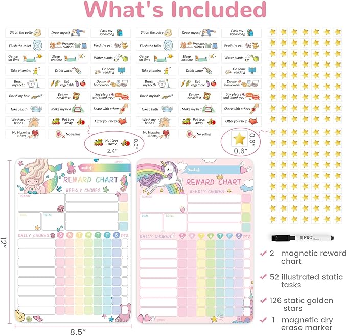 Magnetic Dry Erase Chore Chart for Two Kids, Reward Chart for Kids Behavior. Includes 52 Static Tasks, 126 Golden Stars and Unicorn & Iridescent Mermaid Magnetic Charts Each