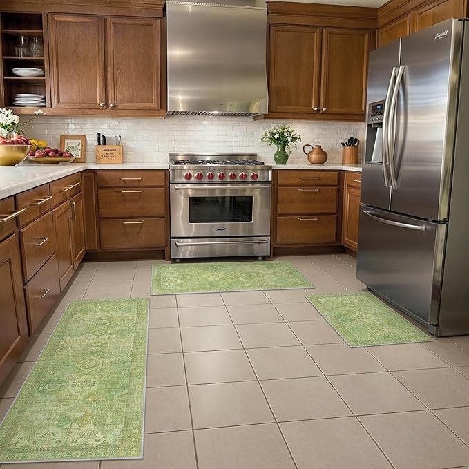 GENIMO Kitchen Mats for Floor Set of 3 Non-Slip Washable, Waterproof Lightweight Kitchen Rugs, Kitchen Floor Mat Runner Rug Carpet for Laundry, Sink, Hallway, Bathroom, Entryway, Spring Green