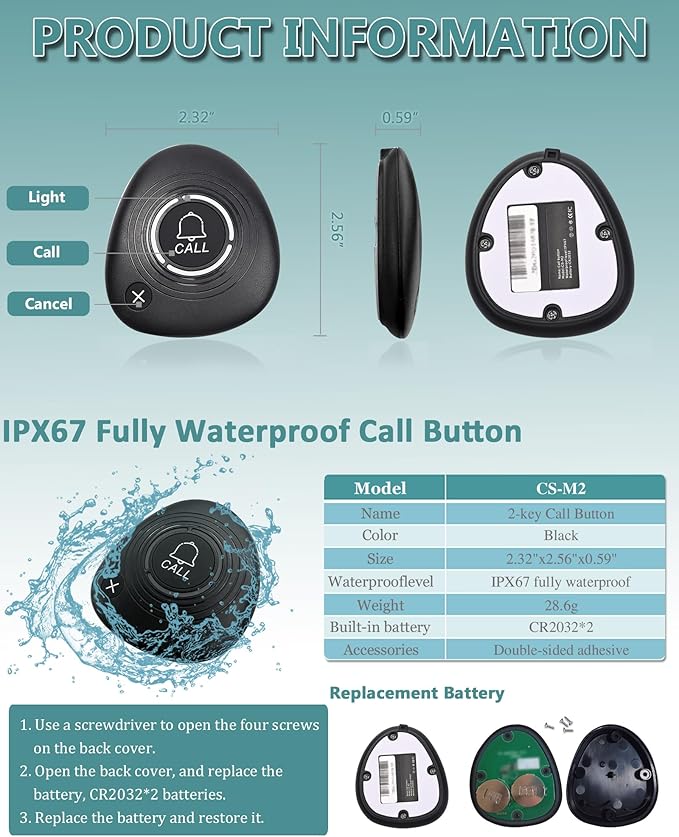 Restaurant Pager System Wireless Calling System 1200+ Feet with 1 Singal Amplifier/1 Display Receiver/2 Watch Pagers/15 Waterproof Call Buttons for Restaurant Cafe Church Clinic Hospital