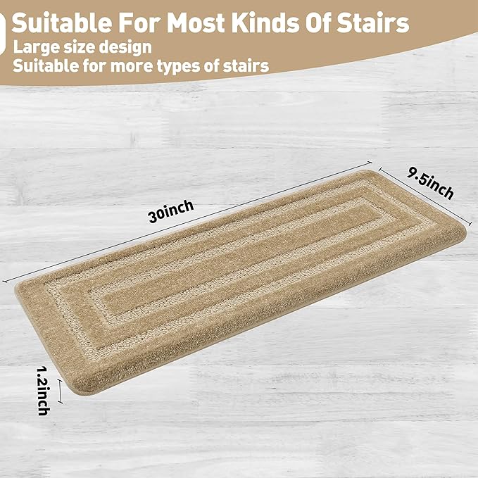 PURE ERA Bullnose Carpet Stair Treads Set Tape Free Non-Slip Indoor Stair Protectors Pet Friendly Rugs 9.5" x 30"(14 Pieces,Khaki Rectangular)