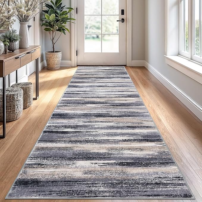 Modern Abstract Runner Rug 2.6x10, Grey Black Multi Washable Long Kitchen Runner Non-Slip Soft Hallway Rug Runner Thin Print Faux Wool Carpet for Entryway Bedroom Laundry Room Indoor Home Decor