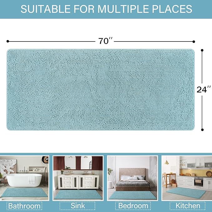 LOCHAS Luxury Bathroom Rug Shaggy Bath Mat 24 x 70 Inch, Washable Non Slip Bath Rugs for Bathroom Shower, Soft Plush Chenille Absorbent Carpets Mats, Spa Blue