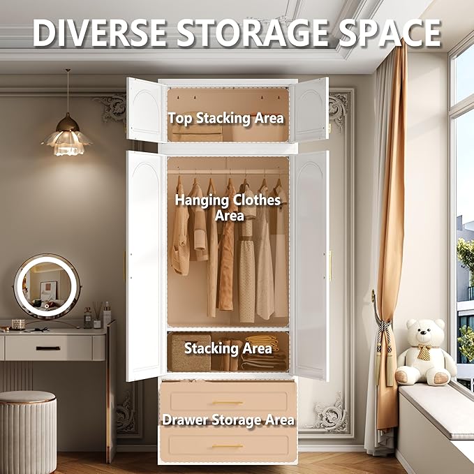 Metal Armoire Wardrobe Cabinet, 86" Tall Wardrobe Closet with Doors, White Clothing Storage Cabinet with Hanging Rod, Large Armoire for Bedroom, Office, School, Gym
