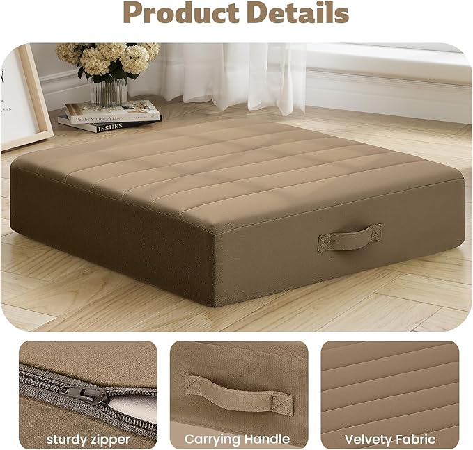MeMoreCool Square Floor Pillows for Adults Kids, 2 Sets Large Meditation Cushion with 5" Thick Foam and Washable Tufted Cover, 24 Inch Coffee Seat Floor Cushions for Sitting and Yoga
