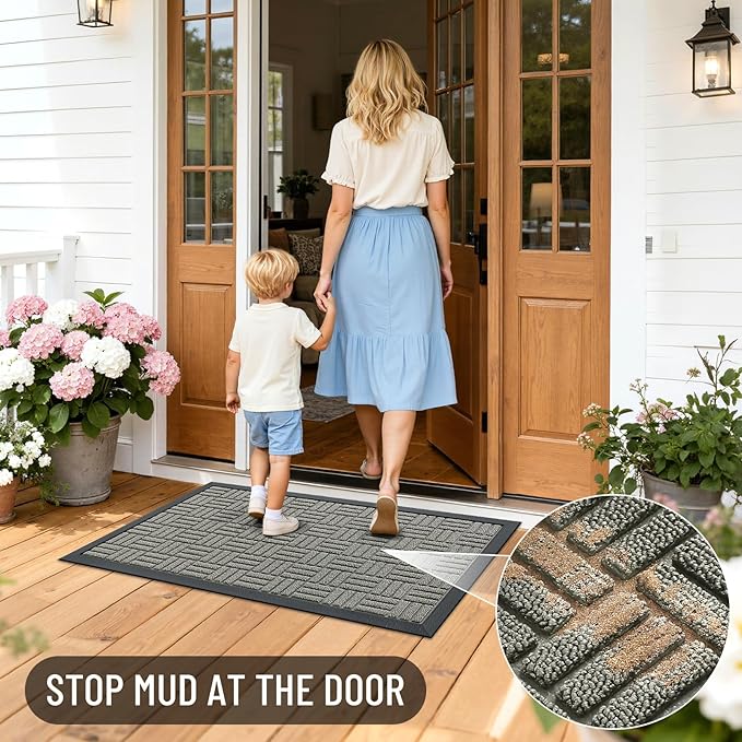 OLANLY Front Door Mat Outside Entrance 35x23, Absorbent, Heavy Duty Sturdy Natural Rubber Doormat Indoor Outdoor, Non-Slip, Stain and Fade Resistant, Low Profile Floor Mat for Entryway, Modern Gray
