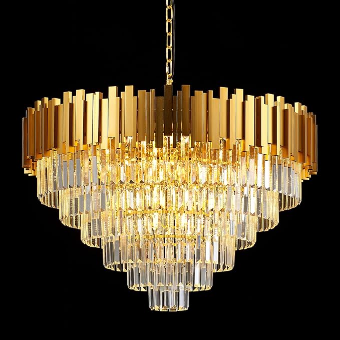 18-Lights 6 Tiers Gold Crystal Chandeliers Luxury 31.5" Modern Crystal Pendant Chandelier Round Hanging Lighting for Living Room Foyer High Ceiling Bedroom Restaurant