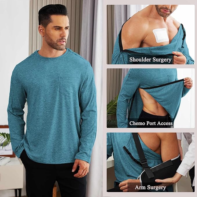 Deyeek Men's Post Shoulder Surgery Recovery Shirts Full Tear Away Long Sleeve Snap Chemo Port Access Shirt