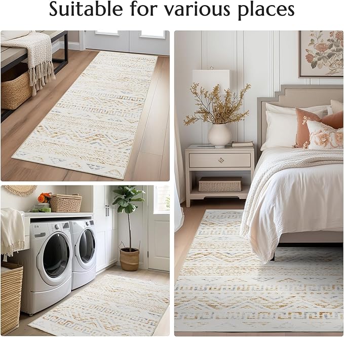 jinchan Boho 8x10 Neutral Area Rugs for Living Room - Machine Washable Moroccan Soft Throw Rug Bohemian Diamond Design Non-Slip Large Carpet for Bedroom Kitchen Dining Room Nursery (8‘x10', Tan/Grey)