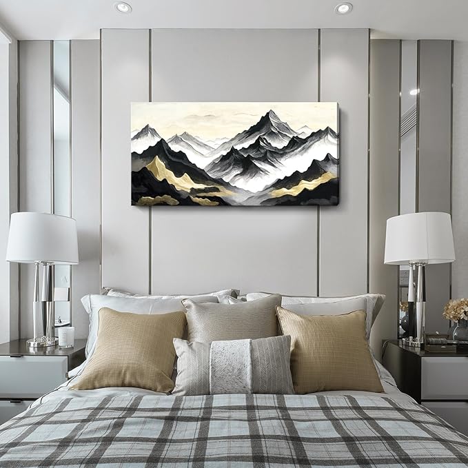 amatop Abstract Mountain Wall Art, Large Modern Canvas Print - Black White and Gold Landscape Nature Picture, Horizontal Inspirational Artwork for Living Room, Office, Bedroom and Bathroom Wall Decor (48x24 Inch)