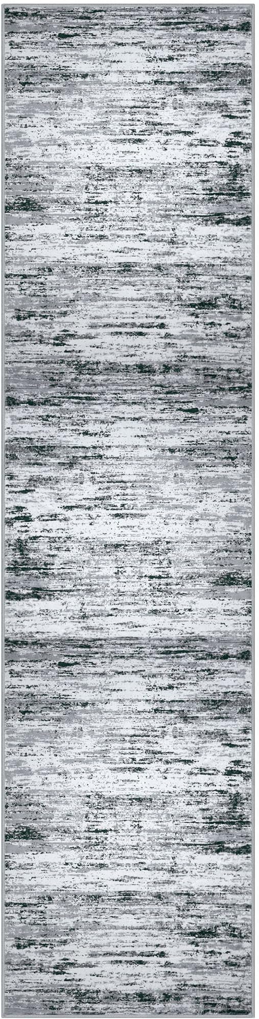 Modern Abstract Runner Rug 2.6x10, Black Grey White Washable Long Kitchen Runner Non-Slip Soft Hallway Rug Runner Thin Print Faux Wool Carpet for Entryway Bedroom Laundry Room Indoor Home Decor