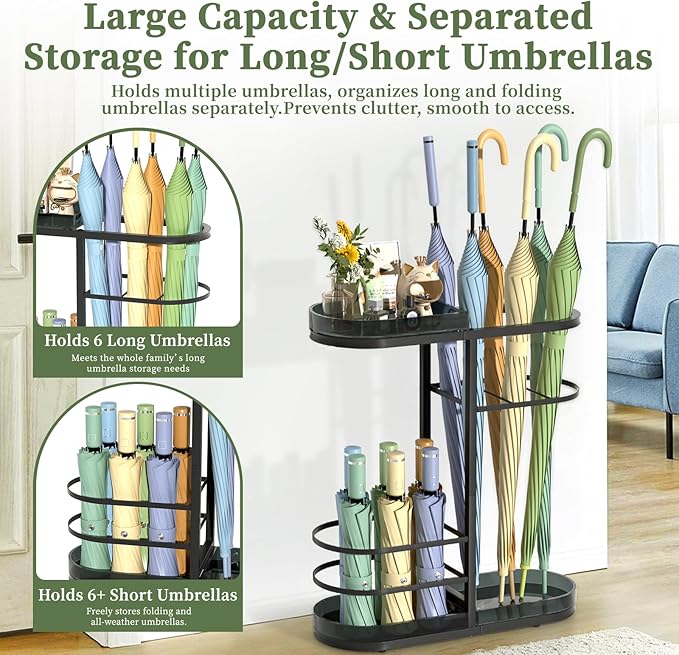 Minimalist Umbrella Stand for Indoor Entryway, Free Standing Umbrella Holder Holds 12+ Paraguas/Canes - Metal Storage Rack with Acrylic Basket & Drip Tray for Home Office Hall