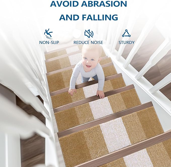 OLANLY Stair Treads Non Slip 15PCS, 8" x 30" Indoor Stair Runners for Wooden Steps, Edging Stair Rugs with Reusable Peel and Stick Adhesive for Kids Elders and Pets, Camel