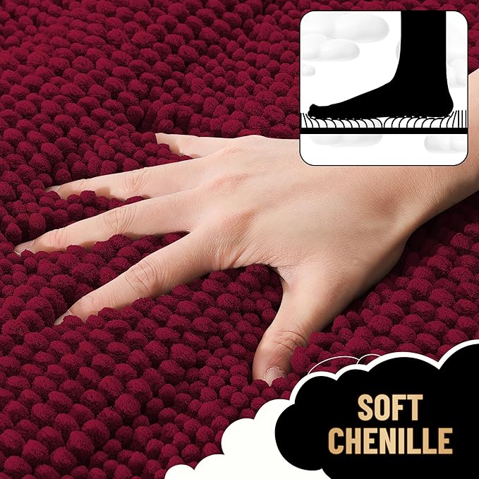 OLANLY Thick Bathroom Rugs 24x16, Extra Soft Absorbent Chenille Striped Bath Rugs, Rubber Backing, Machine Wash Dry, Bath Mats for Bathroom Floor, Tub and Shower, Home Decor Accessories, Burgundy