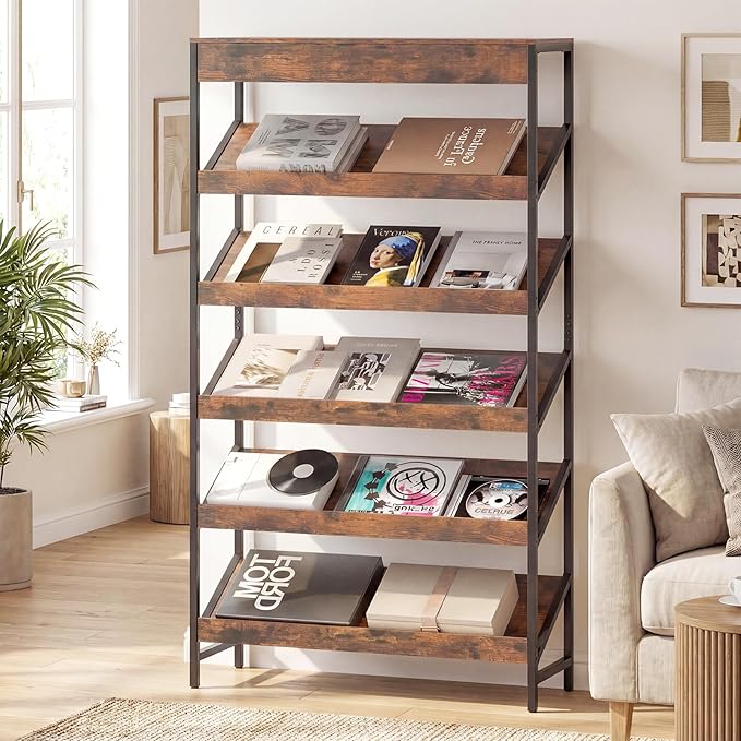 Tangkula 6-Tier Bookshelf, Tall Freestanding Bookcase with Angled Shelves, Industrial Display Rack Storage Organizer with Metal Frame & Anti-Tip Kits for Home Office Living Room (Rustic Brown, 63.5”H)