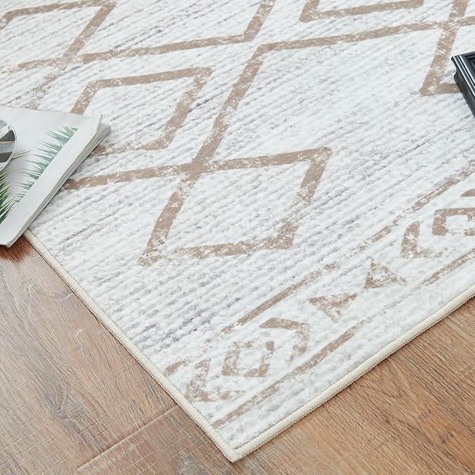 jinchan Moroccan 2x3 Rug for Entryway - Machine Washable Rug Modern Geometric Kitchen Soft Faux Wool Non-Slip Indoor Doormat Ultra-Thin Carpet for Entrance Bathroom Bedroom Living Room (2x3ft, Taupe)