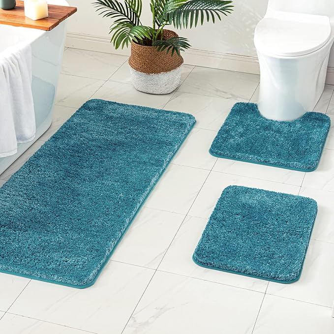 MIULEE Extra Thick Non Slip Bathroom Rug Shaggy Soft Bath Mat Plush Microfiber Absorbent Water for Shower Tub Machine Washable (Teal, 16x60 Inches)